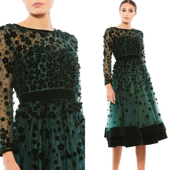 $498 Mac Duggal Floral Appliqué Tea Cocktail Dress Emerald Green 67007 Size 2 - Picture 1 of 16